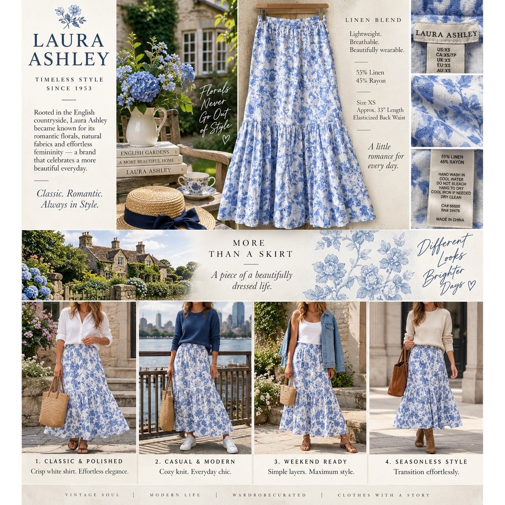 Laura Ashley Linen Blend Floral Midi Skirt XS Blue White Cottagecore Tiered